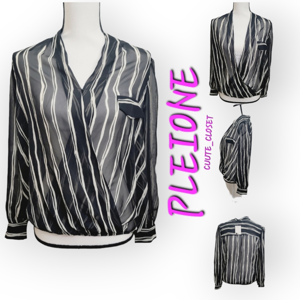 PLEIONE Stripe SHEER Surplice long sleeves blouse